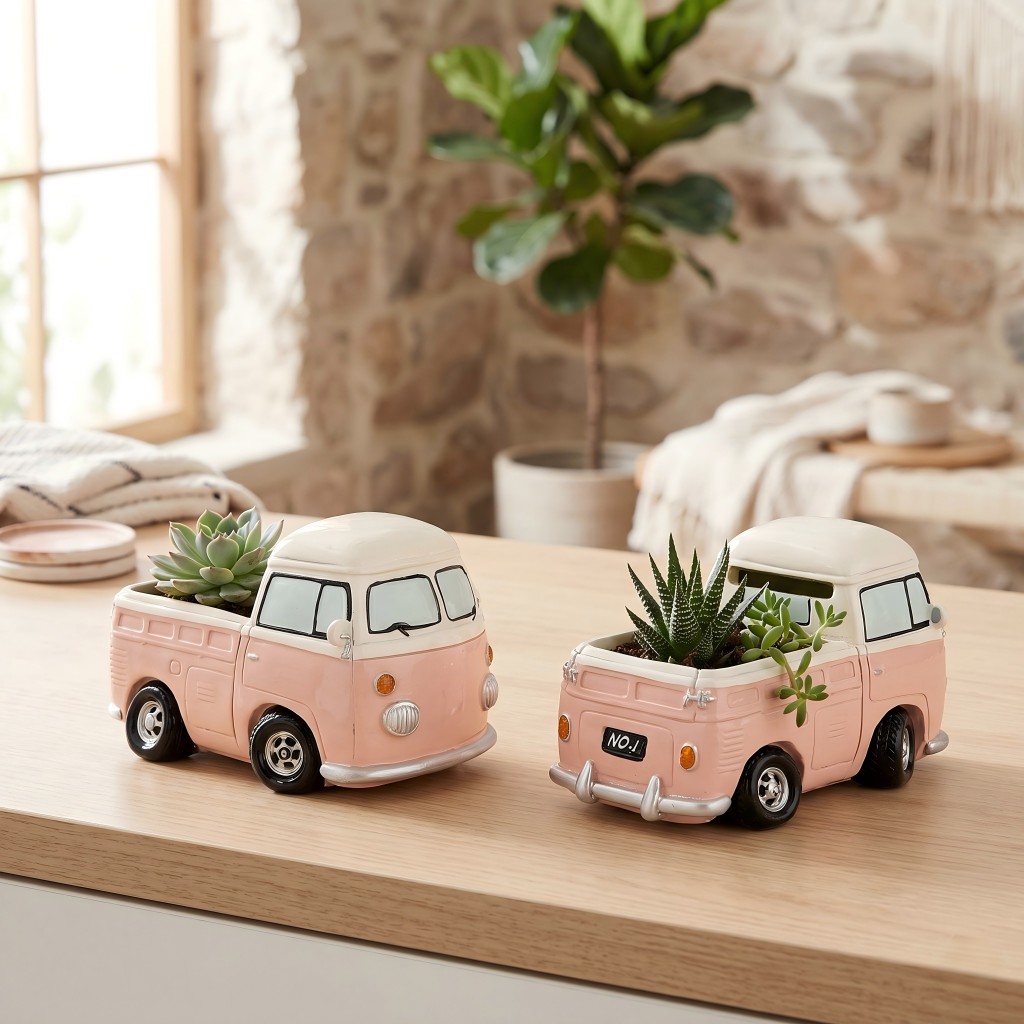 Echeveria Succulent - Vintage Różowy Mini Autobus Doniczka na